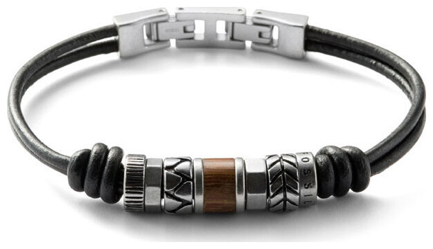 Fossil Jewels Fossil Bracelet en cuir noir et perles en acier inoxydable