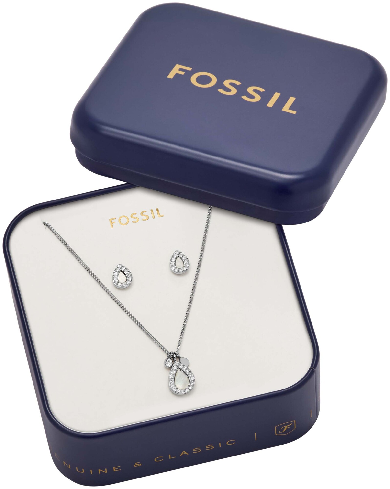 Fossil Jewels Fossil Set Muttertag Halskette Anhänger Ohrringe Perlmutt Edelstahl